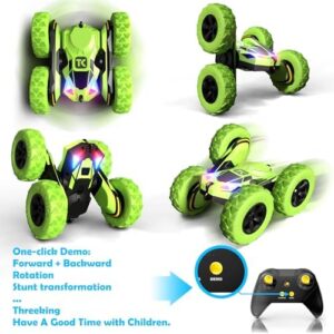 Threeking RC Stunt Cars Remote Control Car Double-Sided Driving 360-degree Flips Rotating Car Toy, Green - Image 3