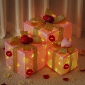 3 Pcs Lighted Gift Boxes with Heart for Decorations, LED Battery - Powered Gift Boxes for Pink Room Decor, Party Supplies (Red Lip, 3 Pcs) - Image 1