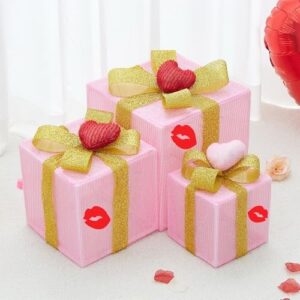 3 Pcs Lighted Gift Boxes with Heart for Decorations, LED Battery - Powered Gift Boxes for Pink Room Decor, Party Supplies (Red Lip, 3 Pcs) - Image 2